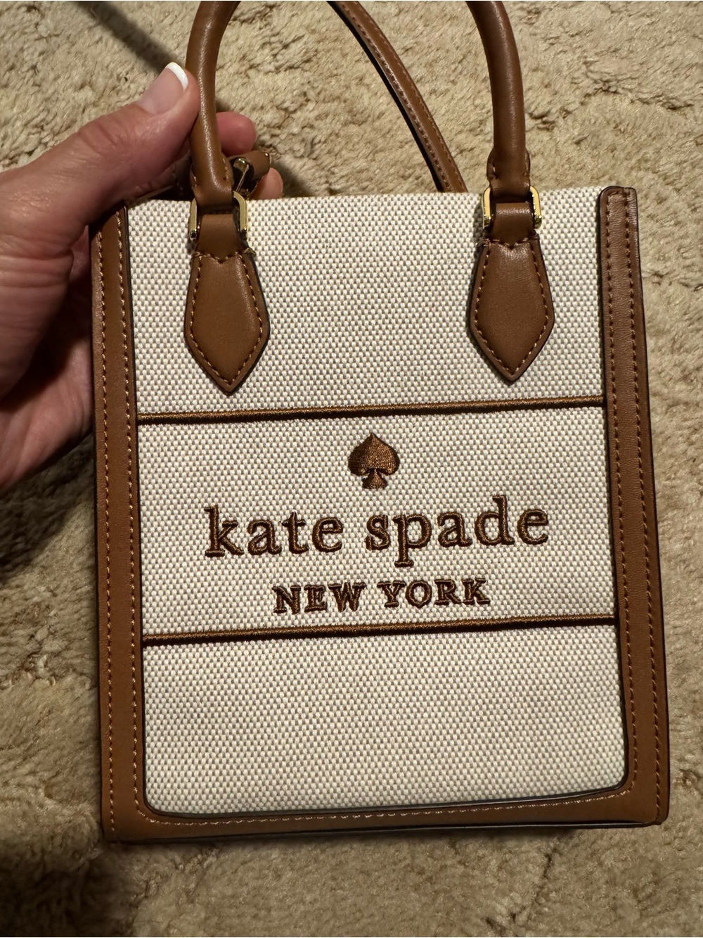 kate spade cream canvas mini tote with tan leather trim